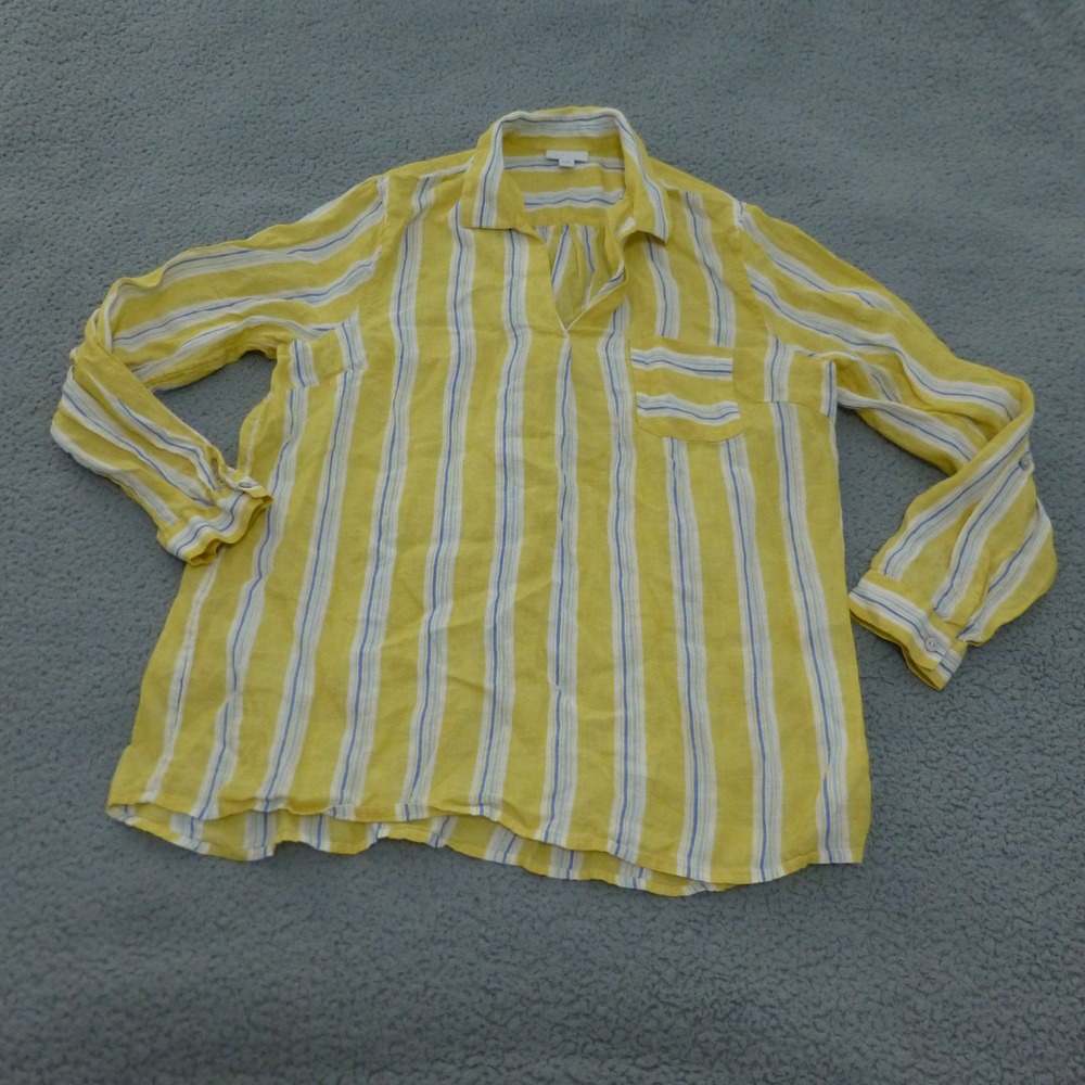 J Jill Tunic Top Womens Large Yellow Striped Linen Roll Tab Sleeve Blouse